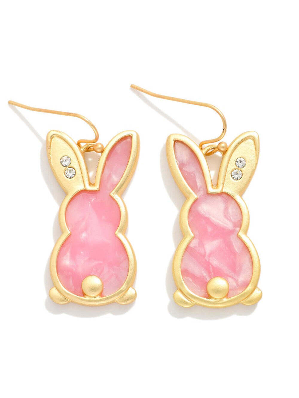 Pink Marble Acetate Easter Bunny Drop Earrings with Rhinestone Accents